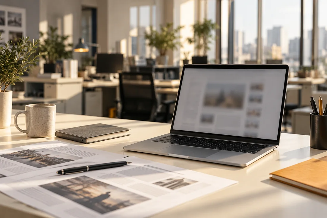 A sunlit editorial workspace with a laptop, newspaper proofs and a notebook